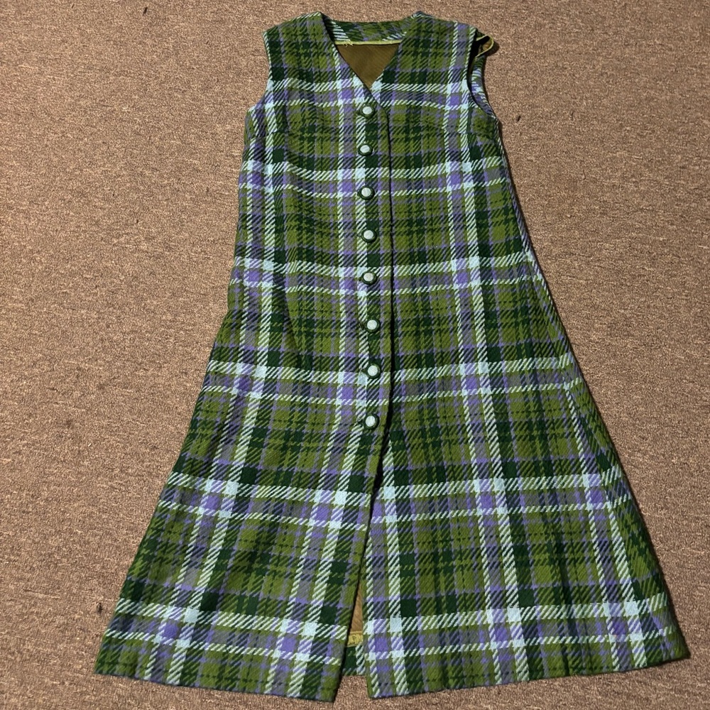Green and purple  plaid button up dress